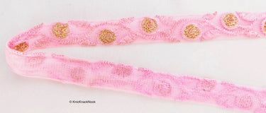 Pink Net Lace Trim In Floral Embroidery And Glitter Gold Sequins, , Wedding Trims